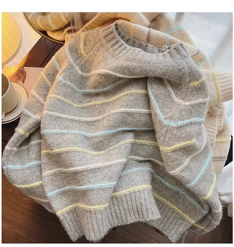 striped round neck sweater for women       S4854 Solid Print Embellished
