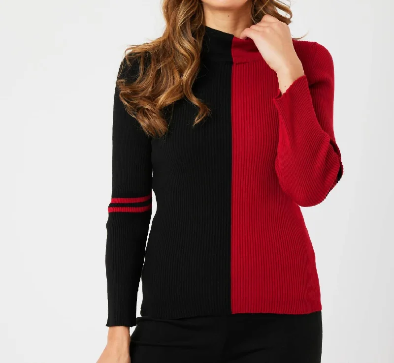 Two Tone Mock Neck Sweater In Black/red Casual Formal Business