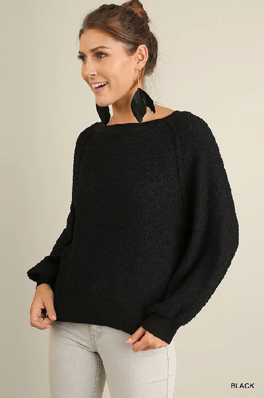 Puff Sleeve Boat Neck Sweater Solid Print Embellished