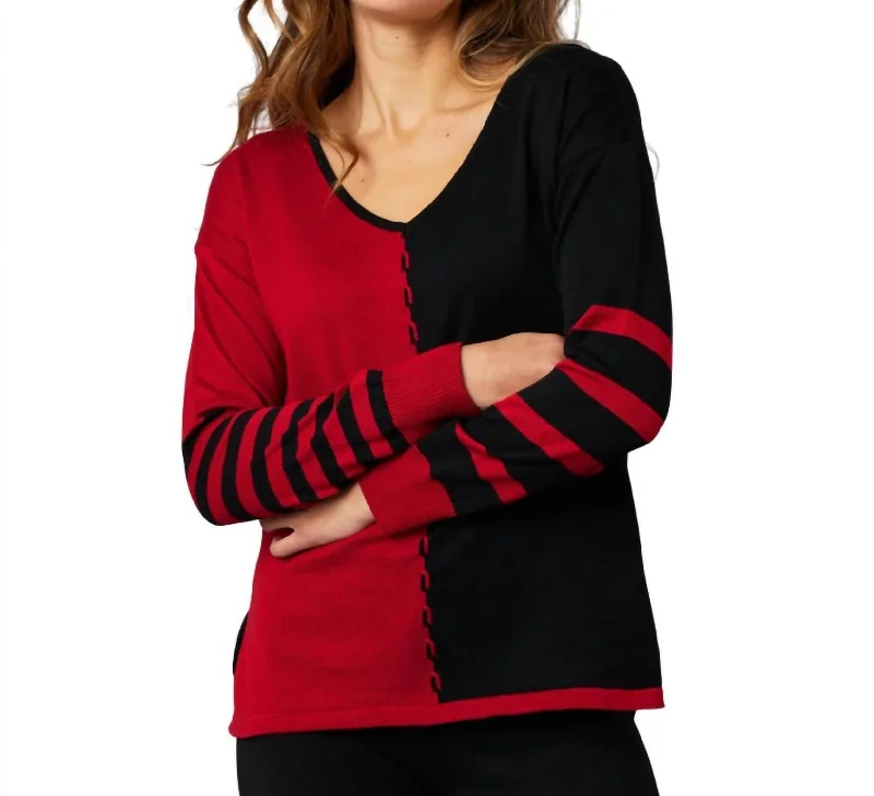 V-Neck Cable Sleeve Sweater In Black/red Toggled Drawstring Belted