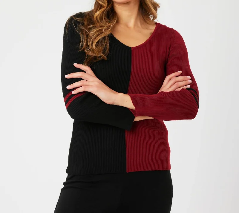V-Neck Ribbed Sweater In Black/wine Cashmere Blend Cotton Blend Poly Blend