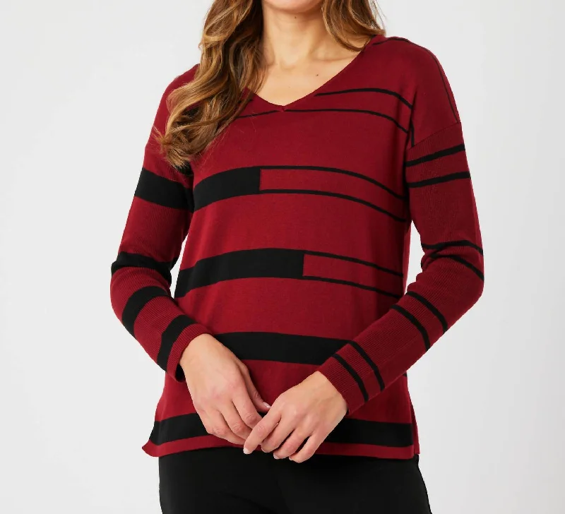 V-Neck Sweater In Wine/black Stylish Fashionable Trendy