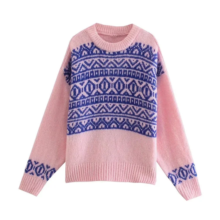 Versatile Korean jacquard loose knit sweater  7411 Ribbed Striped Patterned