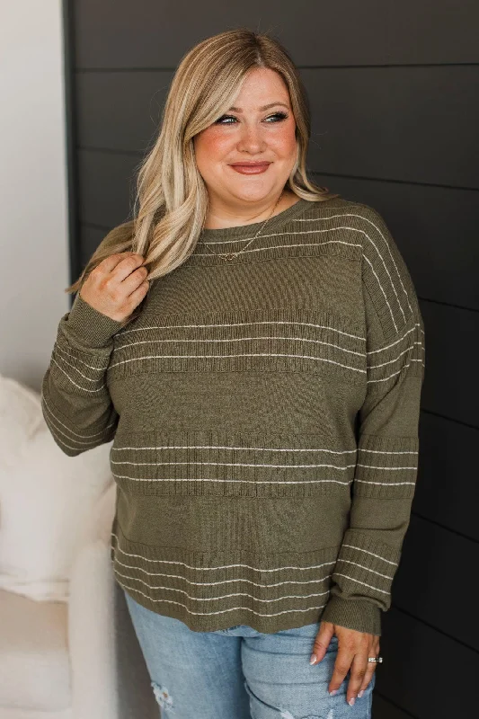 All At Once Stitch Stripe Sweater- Olive Iron Safe Non-Iron Wrinkle Free