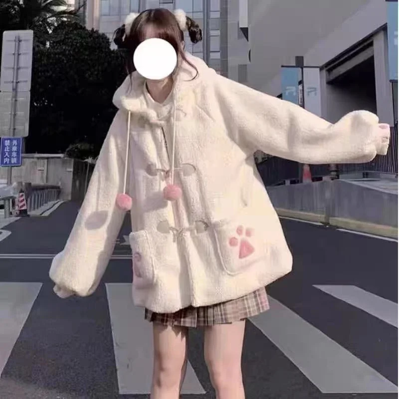 Autumn And Winter Cute Hooded Bear Ears Fleece Shirt Sweater Furry Baggy Coat Student Top Front Pockets Side Pockets Patch Pockets Autumn And Winter Cute Hooded Bear Ears Fleece Shirt Sweater Furry Baggy Coat Student Top Front Pockets Side Pockets Patch Pockets