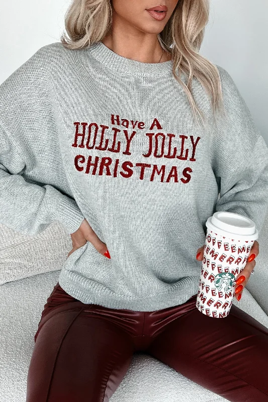 Christmas Greetings Embroidered Holiday Sweater (Heather Grey) Silk Blend Satin Velvet Christmas Greetings Embroidered Holiday Sweater (Heather Grey) Silk Blend Satin Velvet
