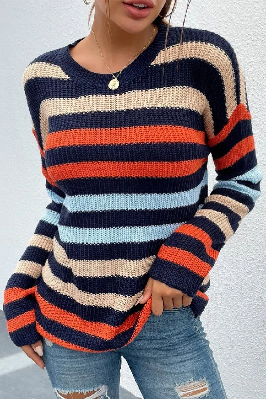 Color Block Substantial Striped Crew Neck Knit Sweater Elasticated Padded Insulated