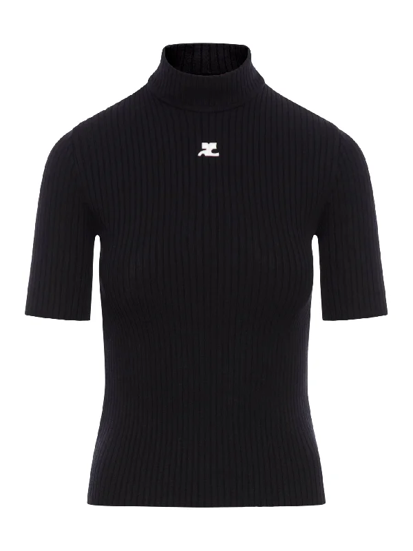 REEDITION SHORT SLEEVES RIB KNIT SWEATER High Neck Crew Neck V-Neck