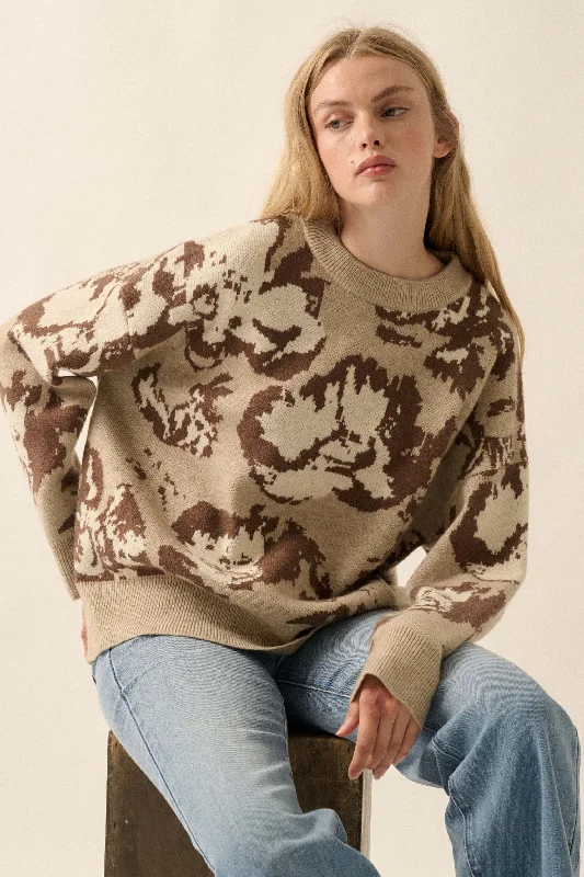 Cuddly Blossoms Oversize Floral Jacquard Sweater Beaded Sweater Sequined Faux Fur