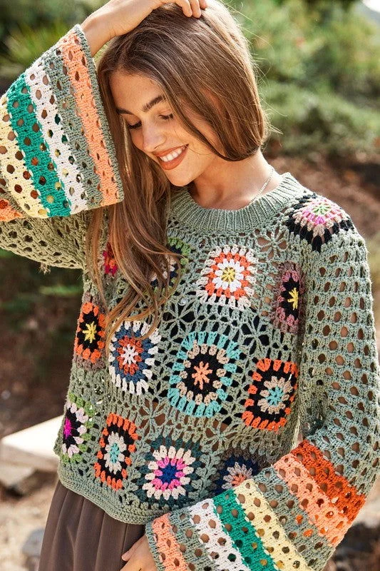 Davi & Dani Floral Crochet Striped Sleeve Cropped Knit Sweater Terry Blend Velvet Blend Canvas Blend Davi & Dani Floral Crochet Striped Sleeve Cropped Knit Sweater Terry Blend Velvet Blend Canvas Blend
