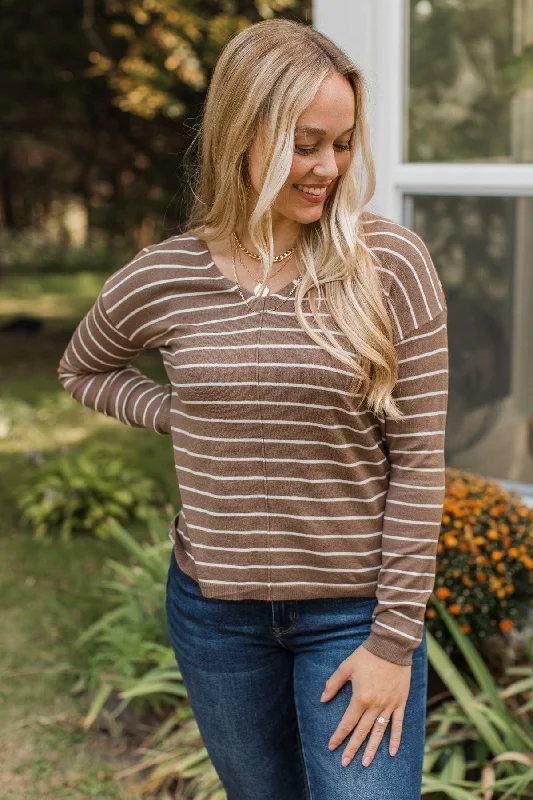 Delighted By This Striped Sweater- Mocha Knit Fabric Woven Fabric Fleece Fabric