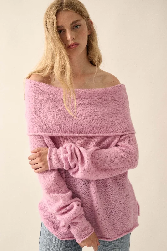 Enjoy the Moment Off-Shoulder Foldover Sweater Sequined Glittery Shiny