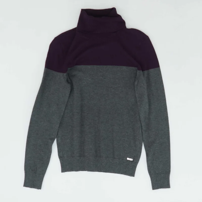 Gray Color Block Turtleneck Sweater Satin Blend Silk Blend Wool Blend