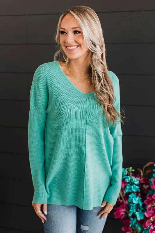 Here Together V-Neck Sweater- Mint Spandex Blend Rayon Blend Denim Blend