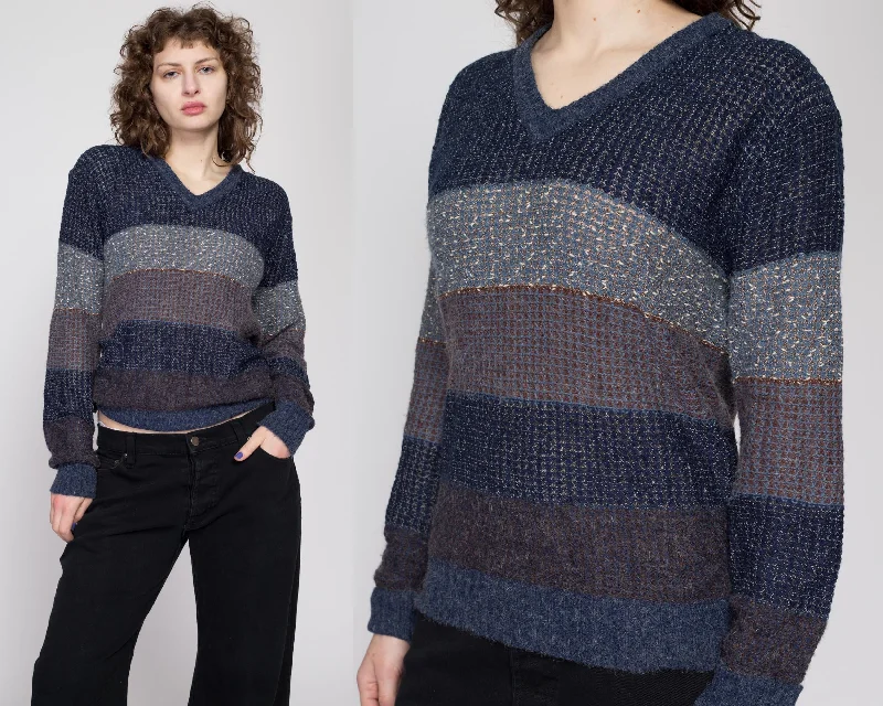 Large 80s Navy Blue Striped Knit Sweater Open Front Closed Front Wrap Front