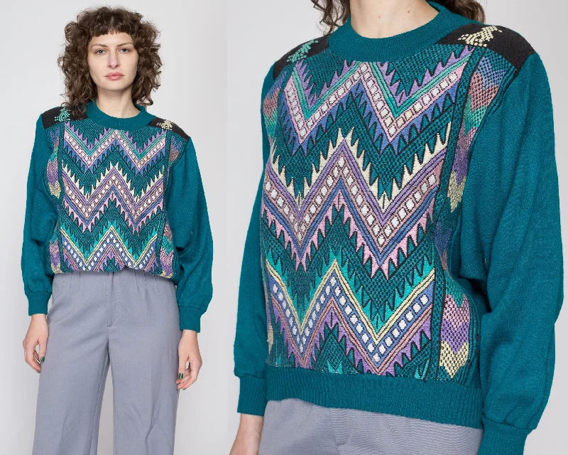 Large 80s Teal Southwestern Woven Zig Zag Sweater Notch Collar Peter Pan Collar Cowl Neck Large 80s Teal Southwestern Woven Zig Zag Sweater Notch Collar Peter Pan Collar Cowl Neck