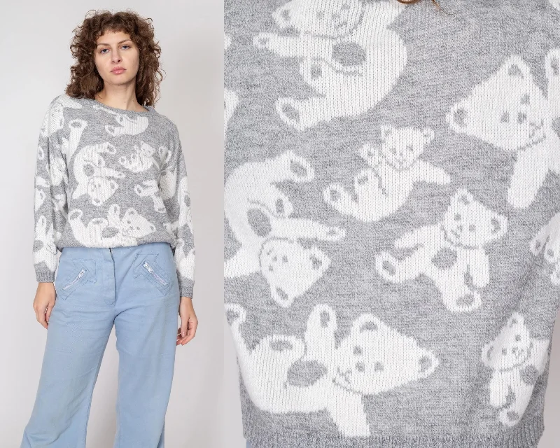 Large 80s Teddy Bear Novelty Knit Sweater Solid Print Embellished
