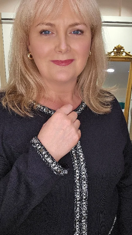Libra Black Jumper with Black and White trim and Silver Sparkle beading Real Fur Shearling Chenille Libra Black Jumper with Black and White trim and Silver Sparkle beading Real Fur Shearling Chenille