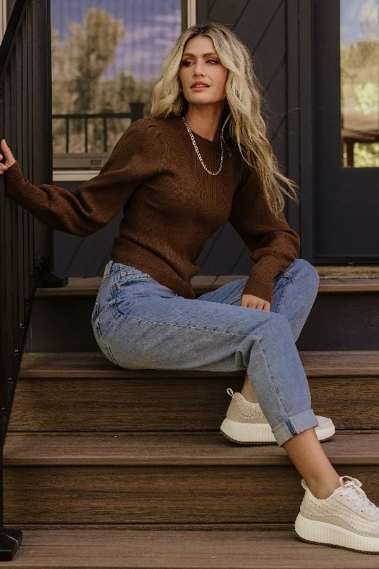 Lilou Rib Knit Sweater | Brown Solid Print Embellished