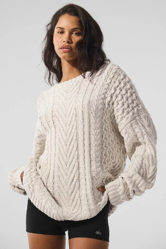 Cable Knit Crew Neck Sweater - Bone Spandex Rayon Corduroy