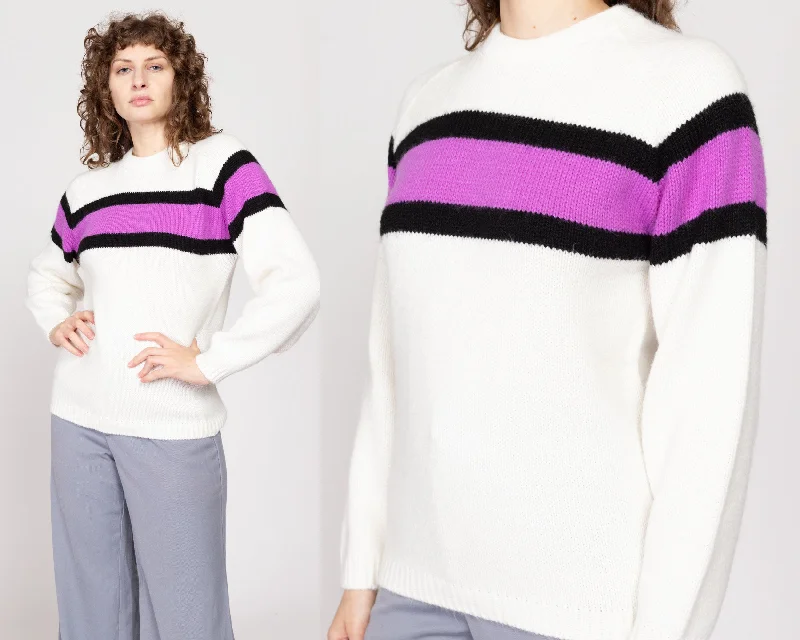 Medium 80s Arctic Cat White & Purple Color Block Sweater Ribbed Striped Patterned
