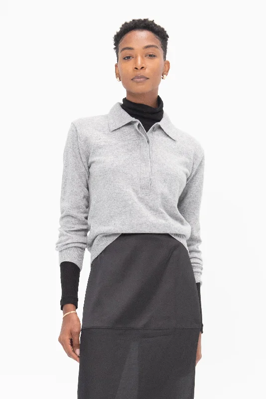 Cashmere Polo Sweater, Gray Striped Floral Plaid
