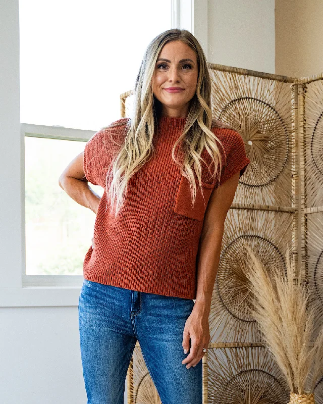 Caroline Short Sleeve Pocket Sweater - Rust Mesh Fabric Canvas Fabric Denim Fabric