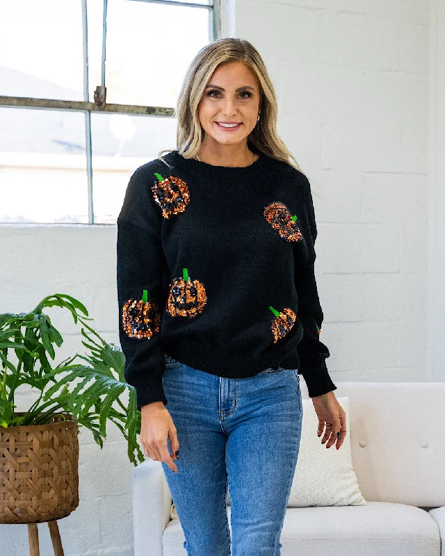 Sequin Jack-O-Lantern Black Sweater FINAL SALE Tailored Straight A-Line