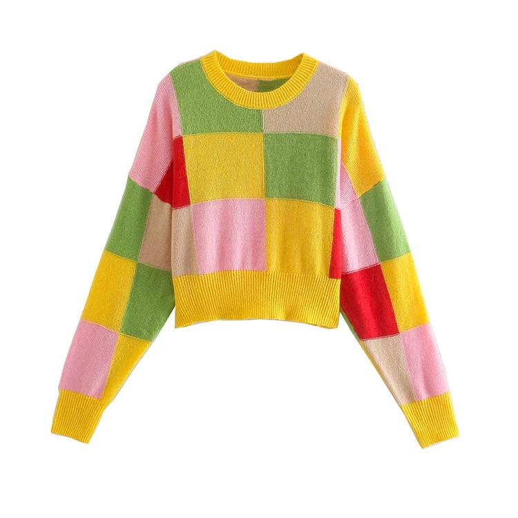 New Vintage Plaid color matching Pullover Sweater women's sweater 7523 Chenille Brocade Lace New Vintage Plaid color matching Pullover Sweater women's sweater 7523 Chenille Brocade Lace