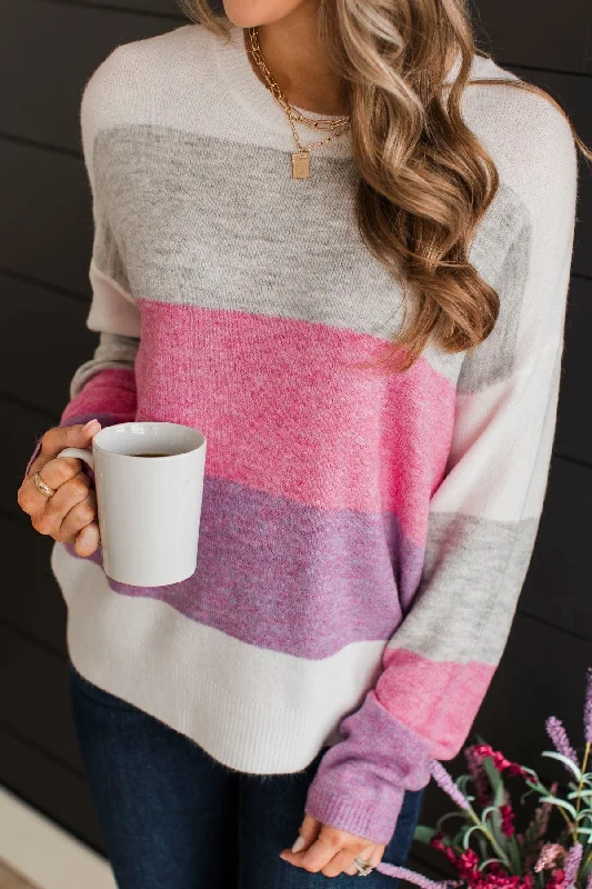 Only For Today Color Block Sweater- Grey & Pink Mesh Blend Leather Blend Suede Blend