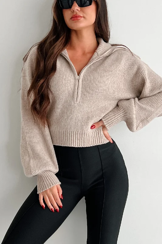 Playing Your Games Half-Zip Collared Sweater (Taupe) Elasticated Padded Insulated