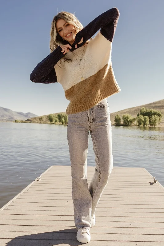 Randi Color Block Sweater | Cream + Navy Spandex Blend Rayon Blend Denim Blend