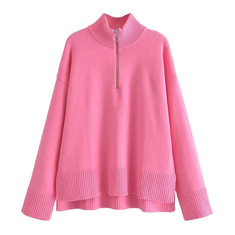 Simple and versatile zip high neck sweater  7515 Mesh Sweater Canvas Denim
