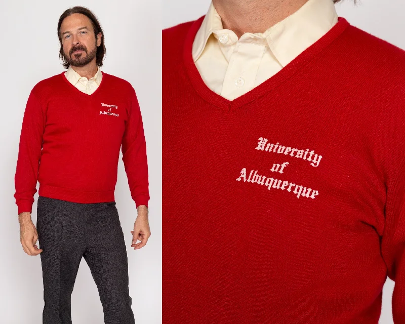 Small 70s University Of Albuquerque Red V-Neck Sweater Chenille Brocade Lace