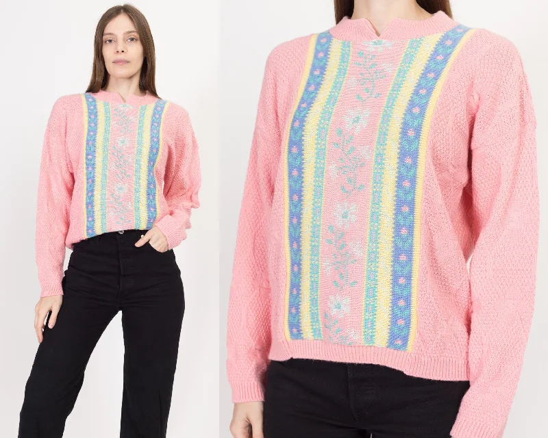 Small 80s Pink Striped Cable Knit Sweater Knit Fabric Woven Fabric Fleece Fabric