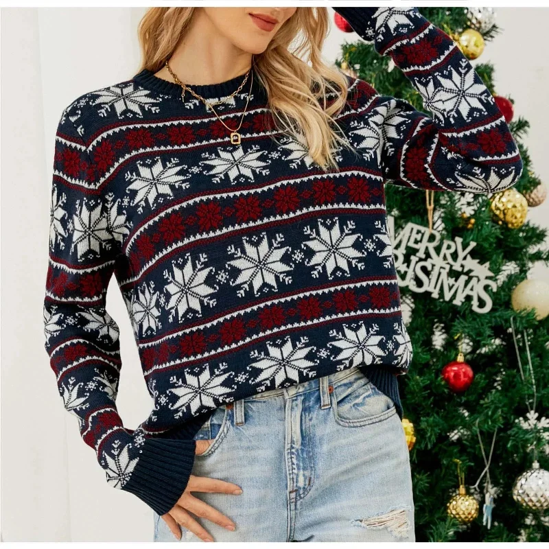 Snowflake Jacquard Christmas Party Knitted Sweater Polka Dot Checkered Tartan