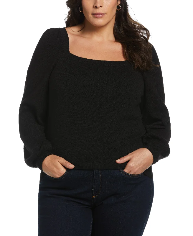 Plus Size Square Neck Puff Sleeve Sweater Handmade Hand-knitted Hand-woven