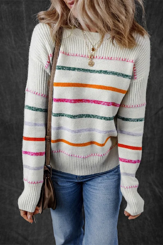 Striped Dropped Shoulder Sweater Faux Fur Fabric Real Fur Fabric Shearling Fabric