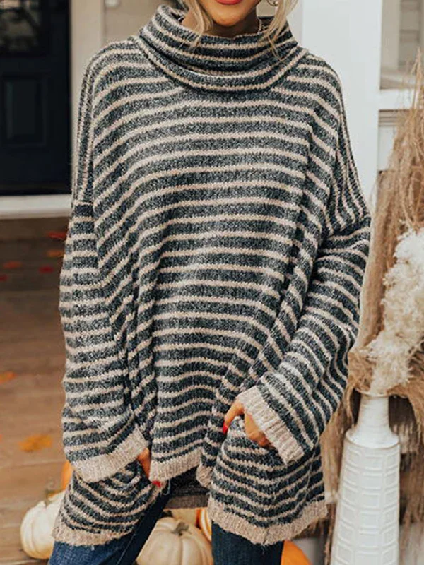 Striped Turtleneck Sweater with Pockets Sweater Knitwear Pullover