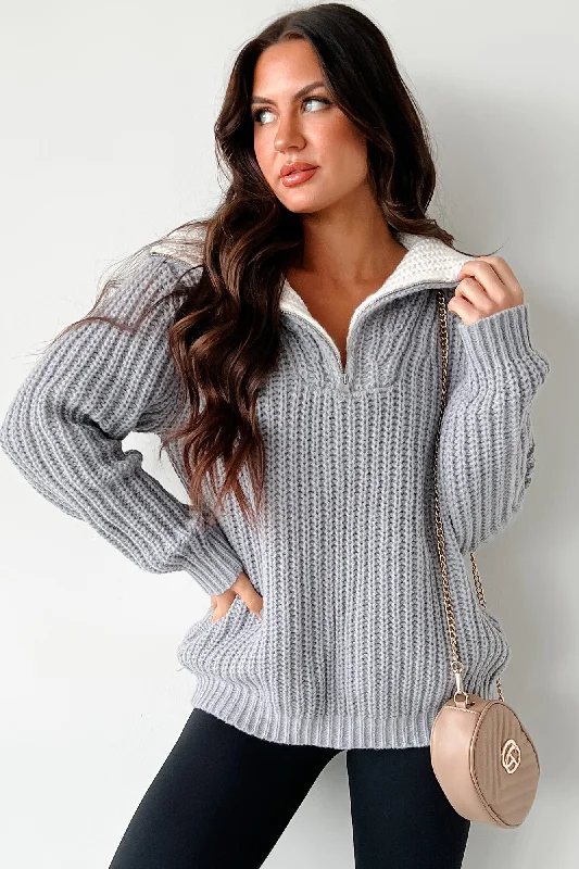 Study Buddy Oversized Quarter-Zip Sweater (Heather Grey) Silk Blend Satin Velvet
