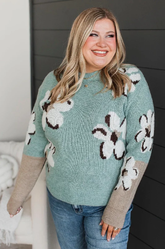Sweet Favors Floral Knit Sweater- Mint Wool Fabric Cashmere Fabric Tweed Fabric