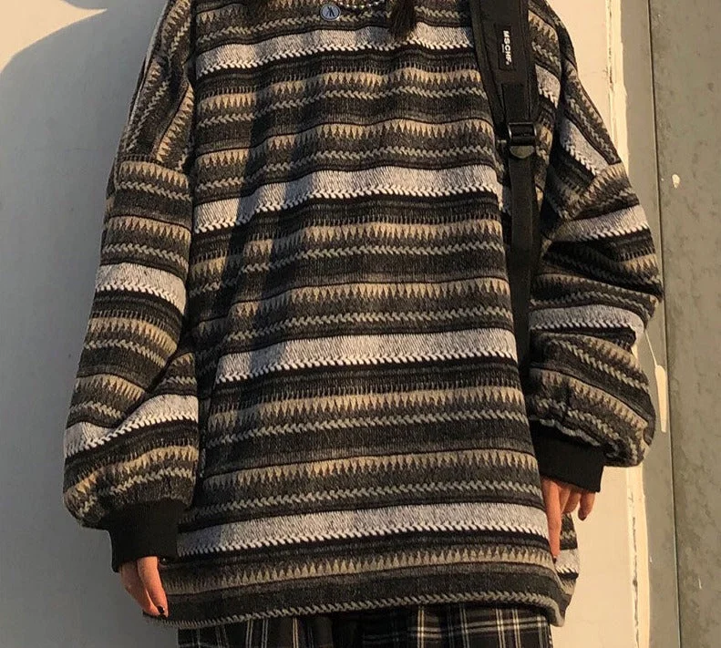 Unisex Women Striped Knit Sweater Spring Autumn Retro Hip Hop Pullovers Tops Female Oversize BF Couples Japanese Thin Thick Dense Unisex Women Striped Knit Sweater Spring Autumn Retro Hip Hop Pullovers Tops Female Oversize BF Couples Japanese Thin Thick Dense