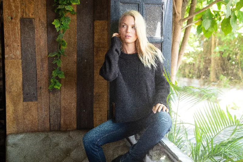 Wooden Ships Oliver Distressed Crew Sweater Black Cable Knit Ribbed Knit Lace Knit