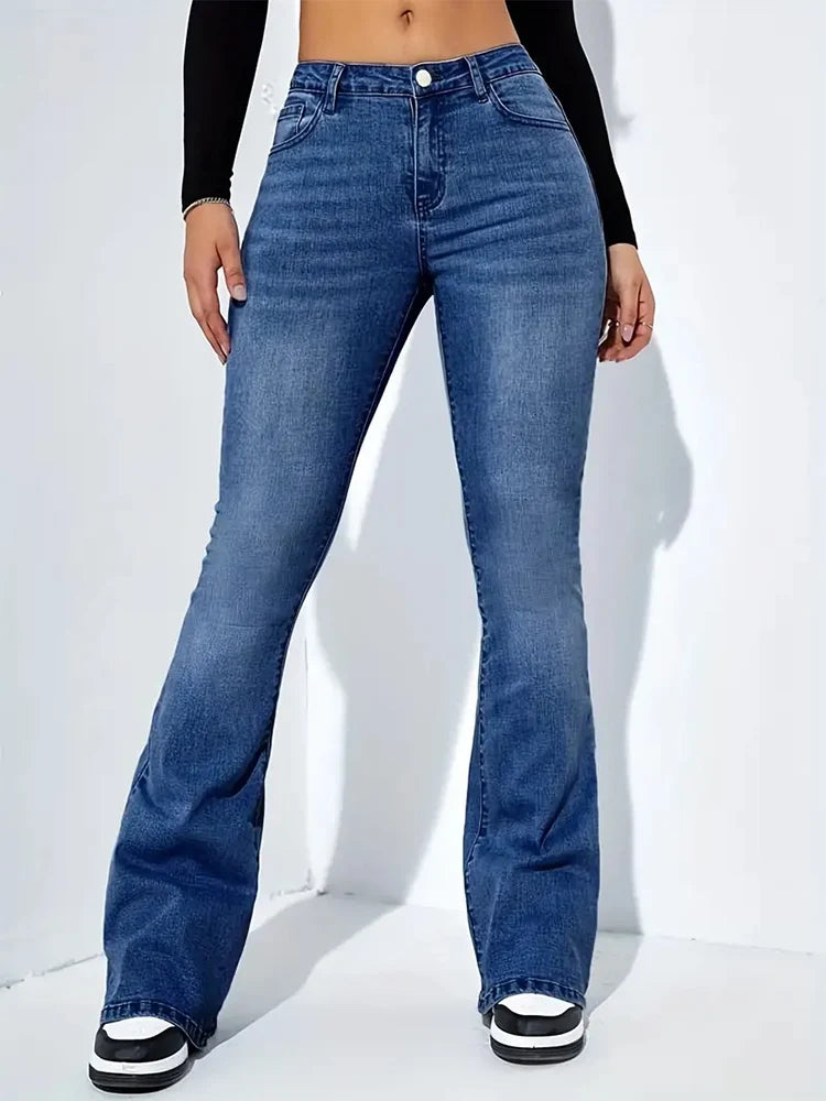 Elegant Women Flare Stretch Moustache Jeans Skinny Bell Bottom High Waist Denim Stylish Slim Fit Denim