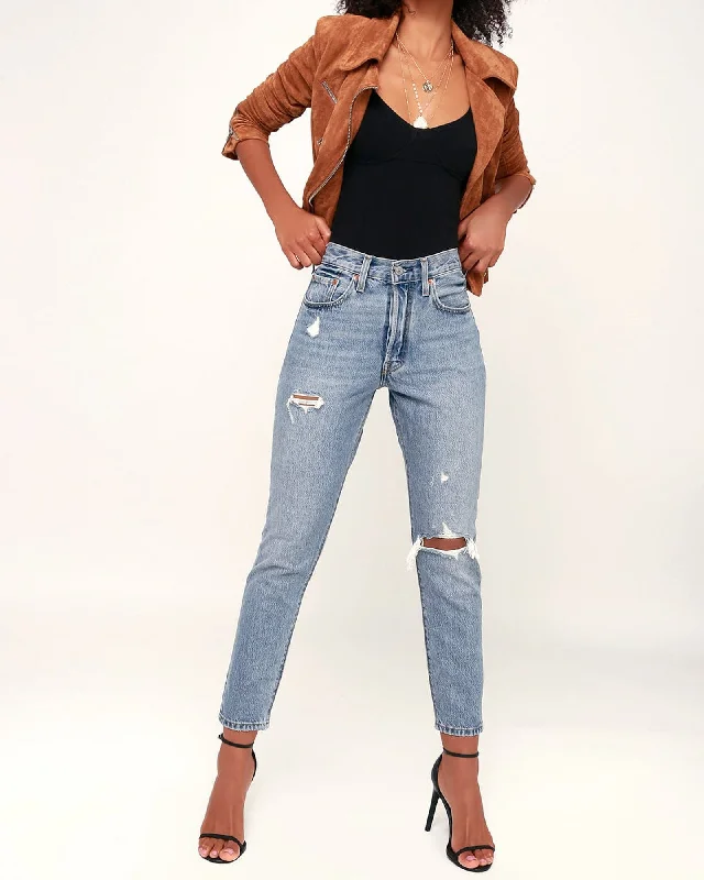 "501 Skinny" Distressed Cropped Jeans Comfortable Folded Hem Jeans