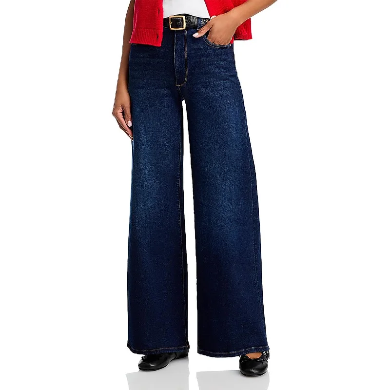 Womens High Rise Denim Wide Leg Jeans Comfortable Folded Hem Jeans