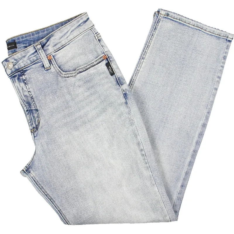 Womens Mid Rise Light Wash Straight Leg Jeans Comfortable Folded Hem Jeans