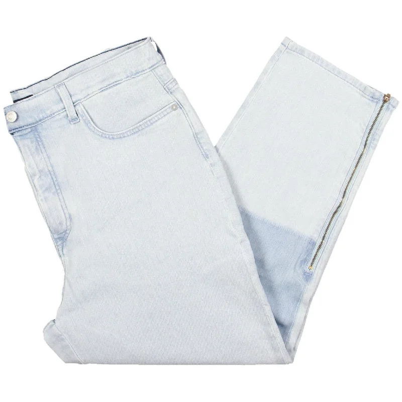 Womens High Rise Patchwork Cropped Jeans Fashionable Frayed Hem Denim