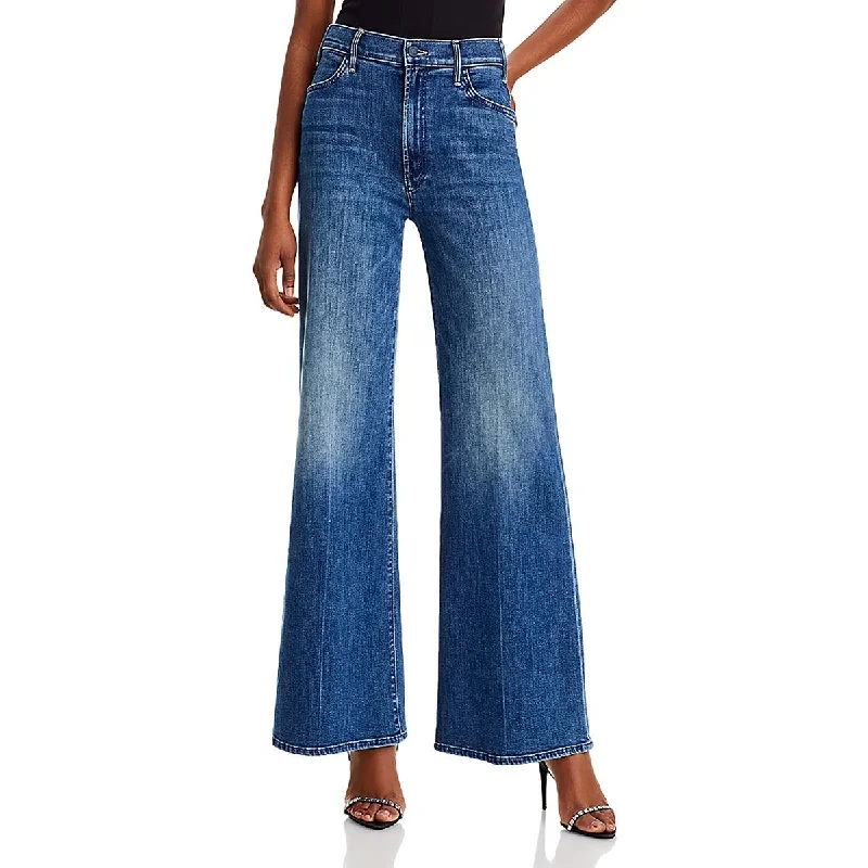 Womens High Rise Stretch Wide Leg Jeans Chic Rolled Cuff Denim Jeans