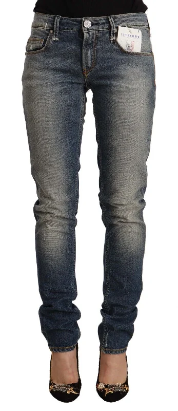 Blue Washed Skinny Cotton Blend Jeans Comfortable Low-Rise Jeans